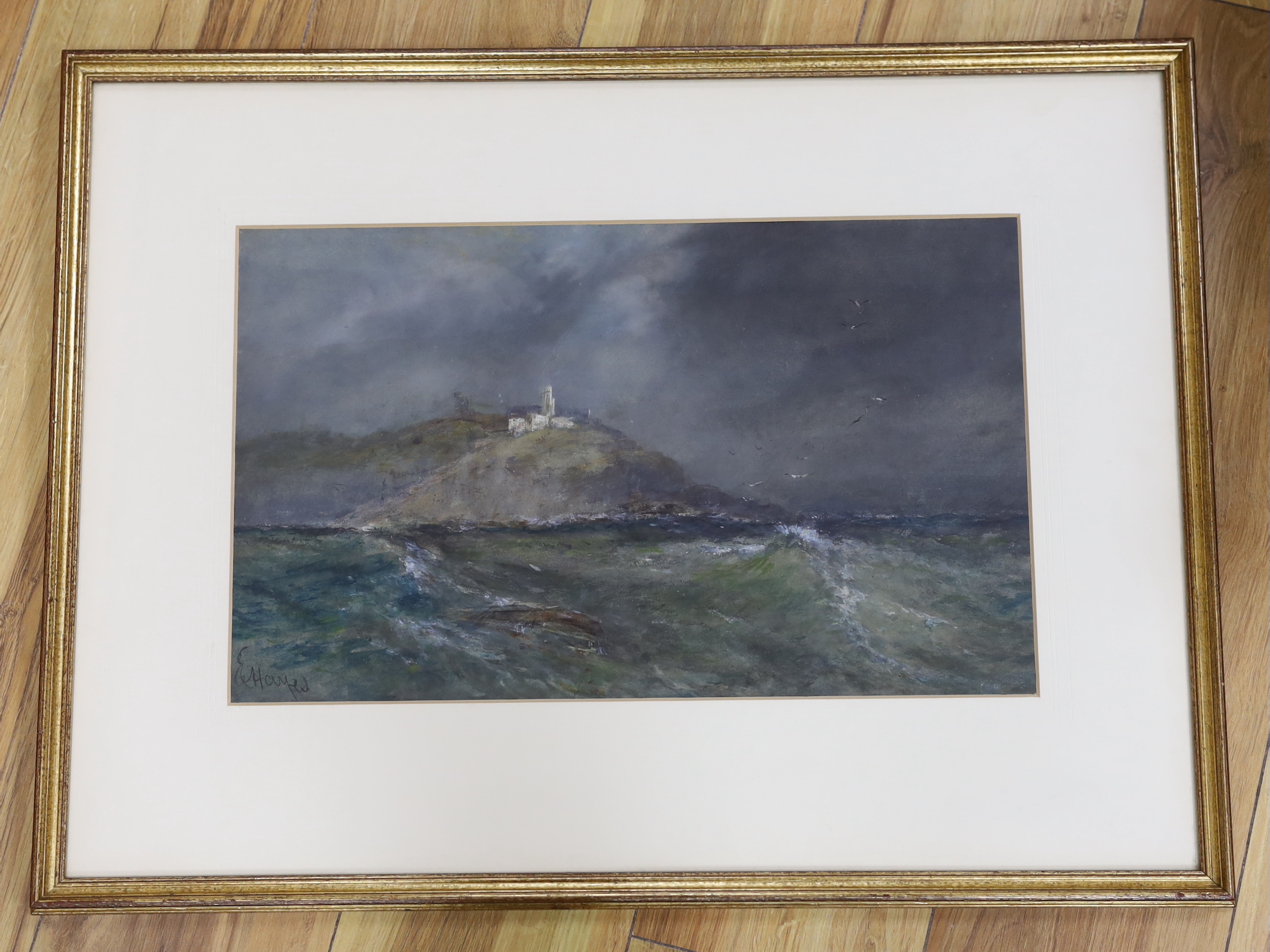 Edwin Hayes (1830-1904), heightened watercolour, Coastal landscape with castle ruins, signed, 27 x 44cm